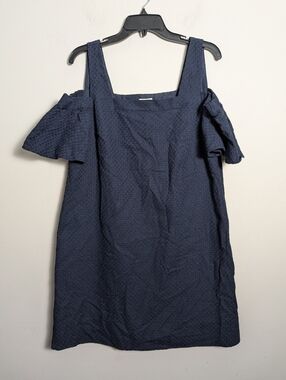 J.Crew navy blue dress basketweave Ruffle Cold Shoulder Sz L Style H5078